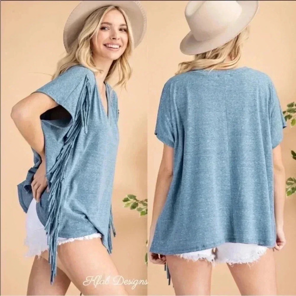 Heather Blue Tee with Fringe - Picture 1 of 9